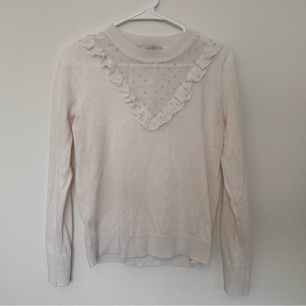 LOFT Ivory Sheer Polka Fit Ruffle Long Sleeve Thin Knit Sweater